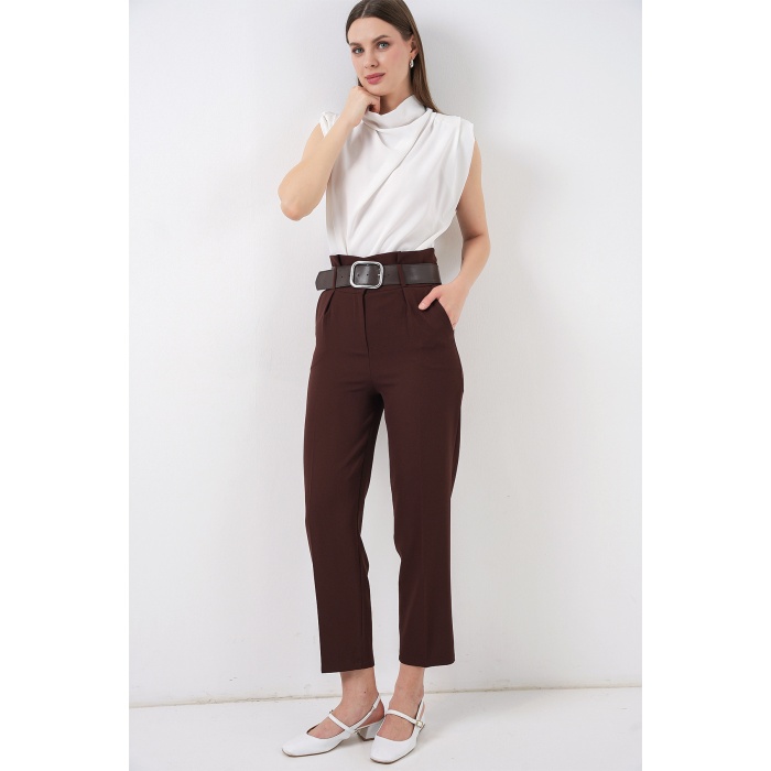 6556 Kemerli Kumaş Pantolon - Kahverengi