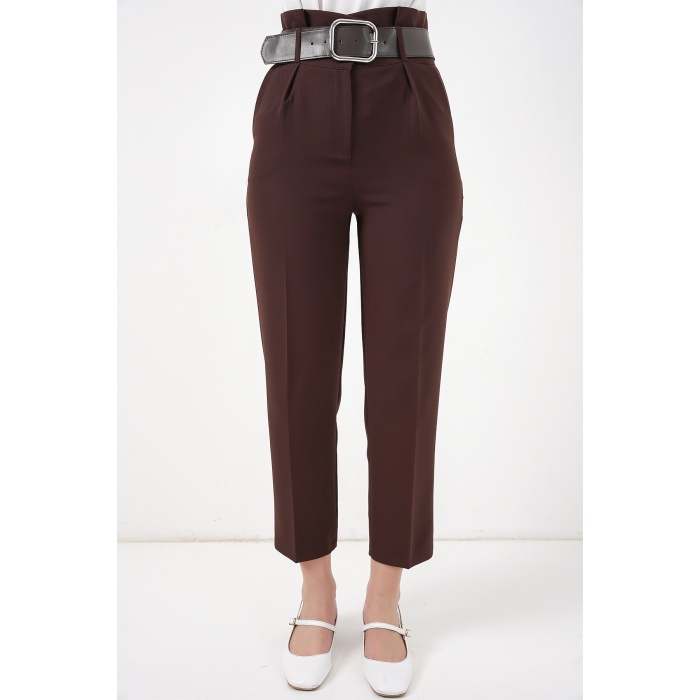 6556 Kemerli Kumaş Pantolon - Kahverengi