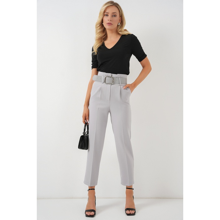 6556 Kemerli Kumaş Pantolon - Gri