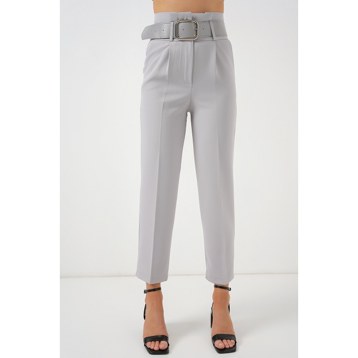 6556 Kemerli Kumaş Pantolon - Gri