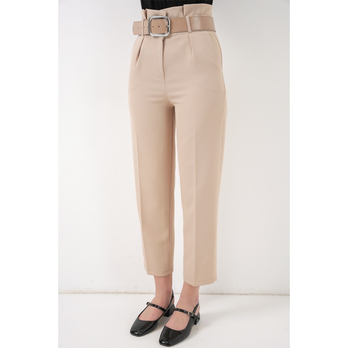 6556 Kemerli Kumaş Pantolon - Krem