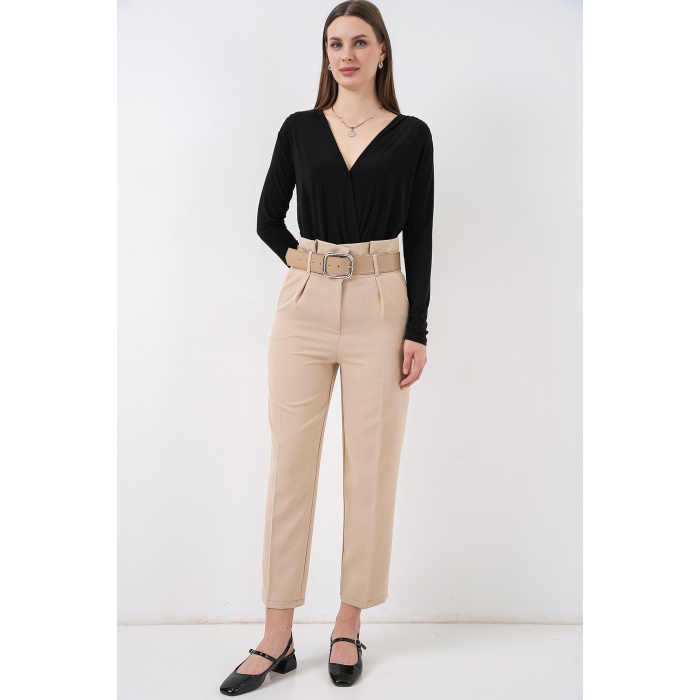 6556 Kemerli Kumaş Pantolon - Krem