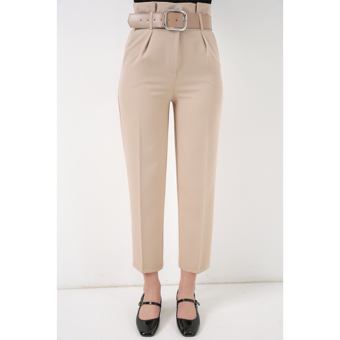 6556 Kemerli Kumaş Pantolon - Krem