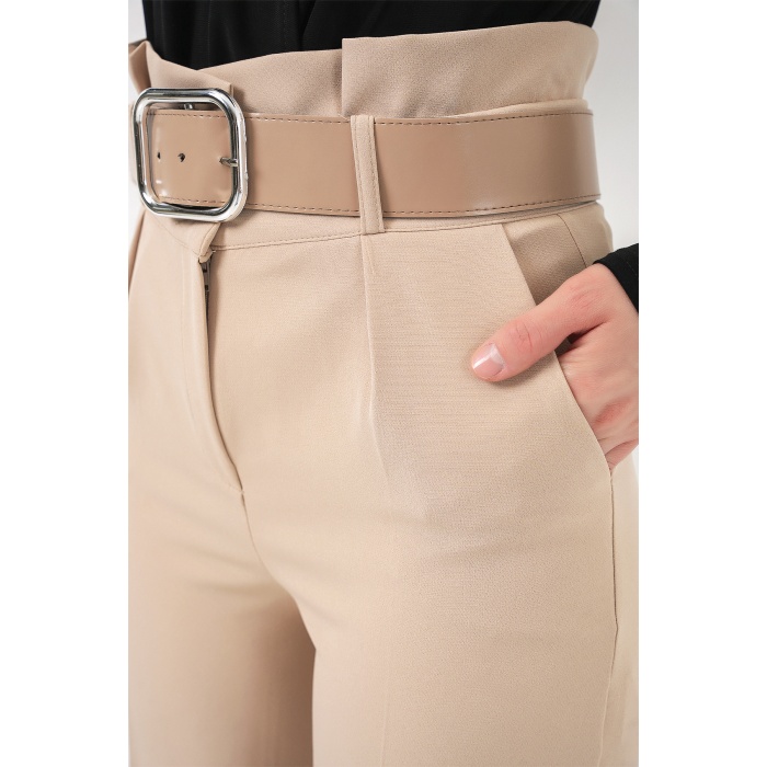 6556 Kemerli Kumaş Pantolon - Krem