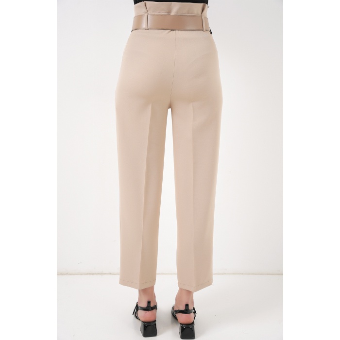 6556 Kemerli Kumaş Pantolon - Krem