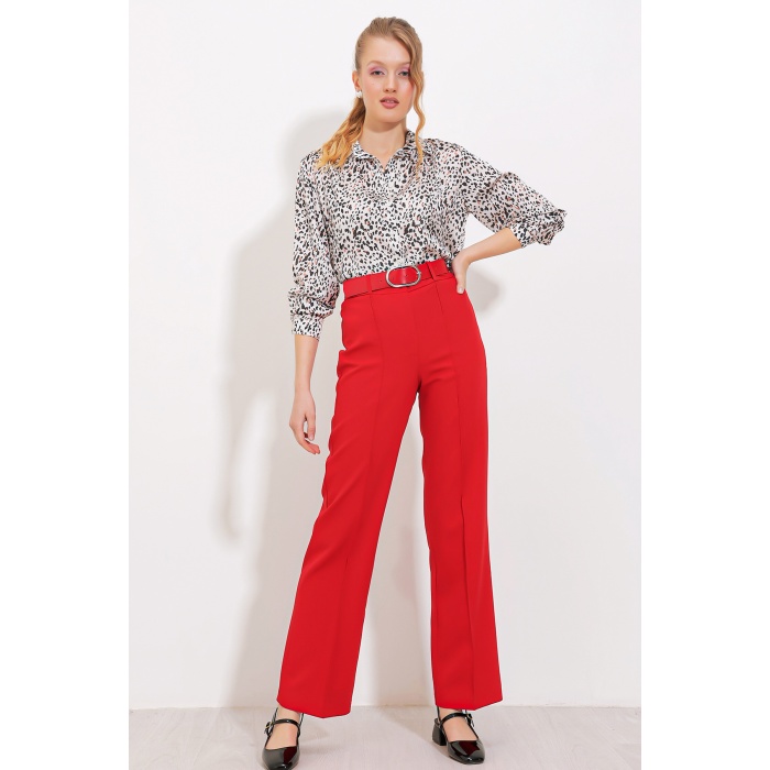Kadın Kırmızı Yüksek Bel Kumaş Pantolon 6584