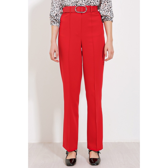Kadın Kırmızı Yüksek Bel Kumaş Pantolon 6584