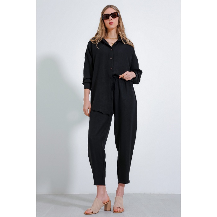 Kadın Siyah Oversize Keten Alt Üst Takım 6622