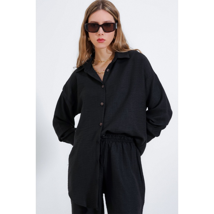 Kadın Siyah Oversize Keten Alt Üst Takım 6622