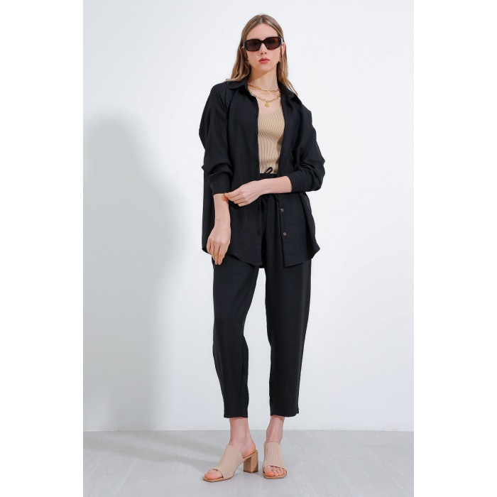 Kadın Siyah Oversize Keten Alt Üst Takım 6622