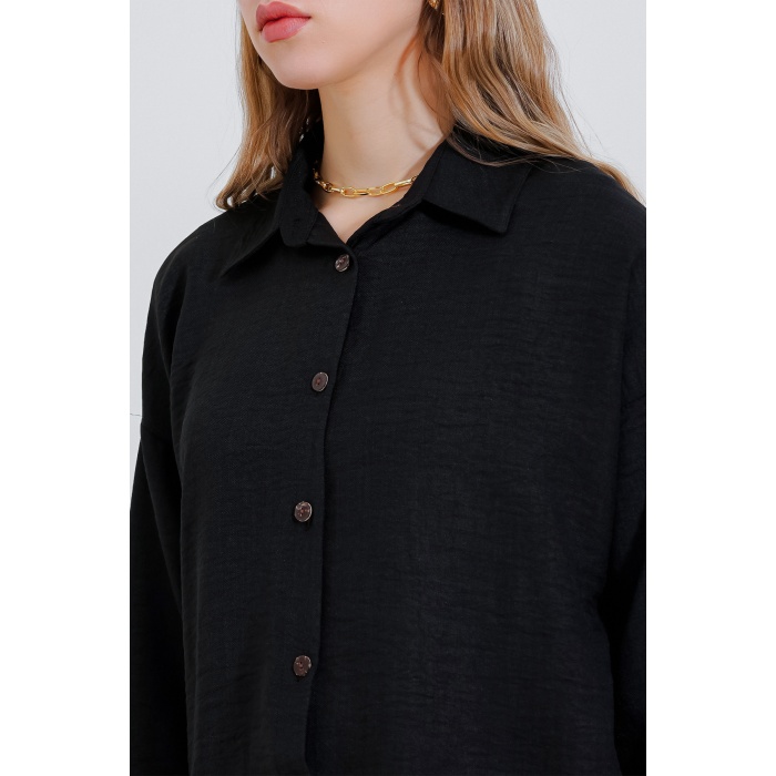 Kadın Siyah Oversize Keten Alt Üst Takım 6622