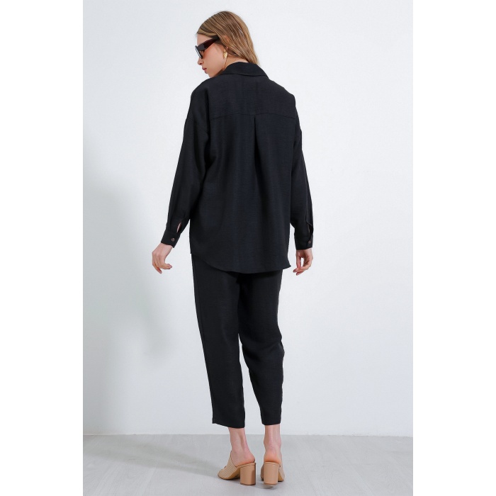 Kadın Siyah Oversize Keten Alt Üst Takım 6622