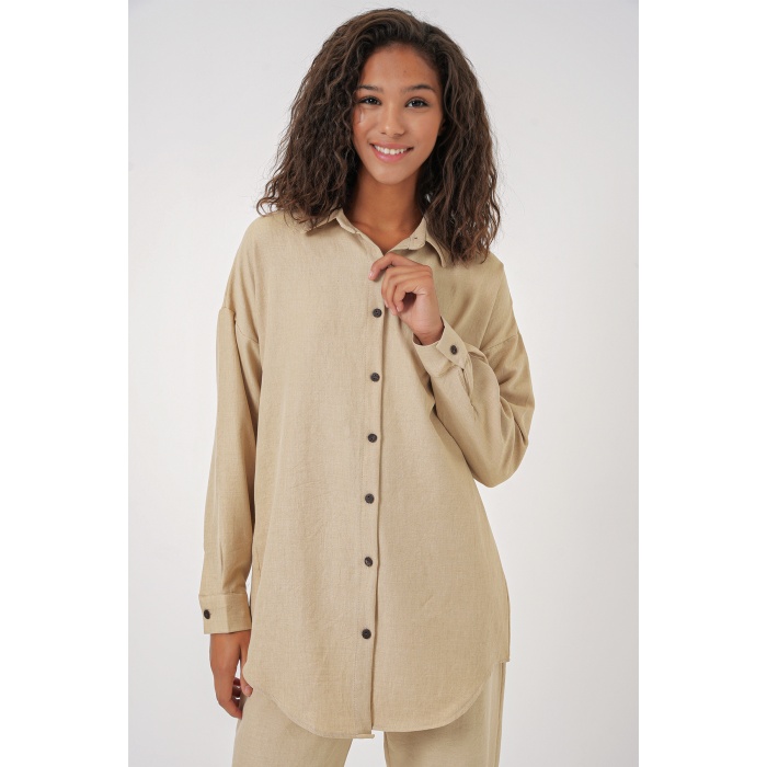 Kadın Bej Oversize Keten Alt Üst Takım 6622