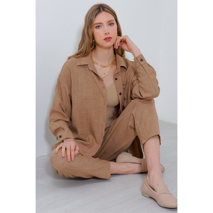 Kadın Camel Oversize Keten Alt Üst Takım 6622