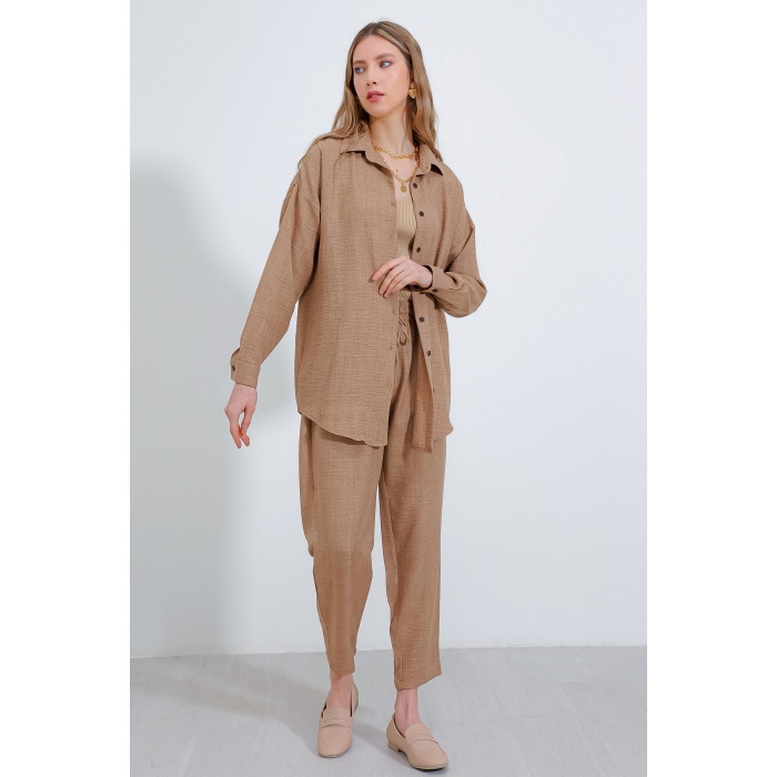 Kadın Camel Oversize Keten Alt Üst Takım 6622