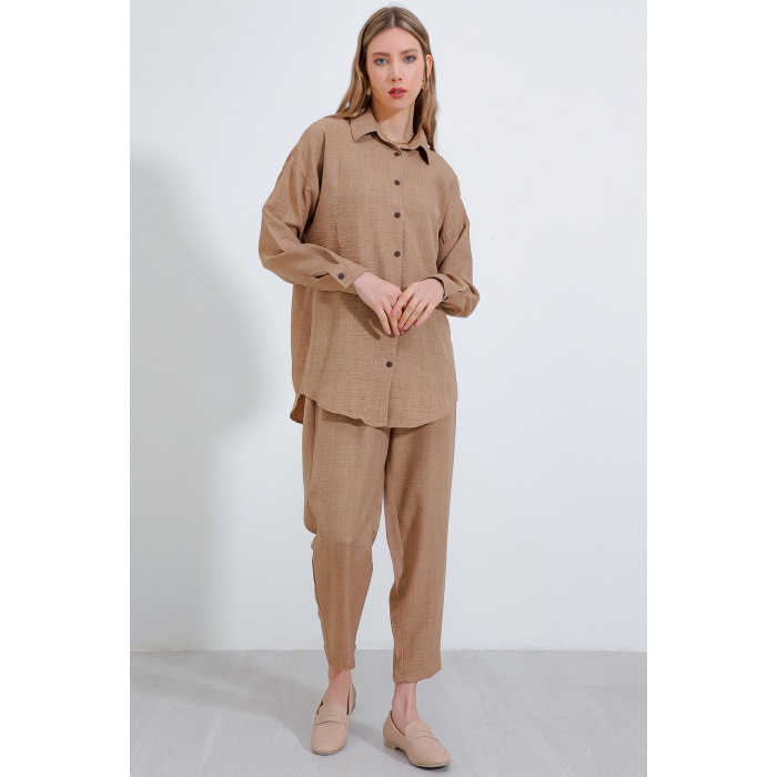 Kadın Camel Oversize Keten Alt Üst Takım 6622