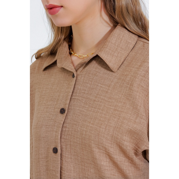 Kadın Camel Oversize Keten Alt Üst Takım 6622