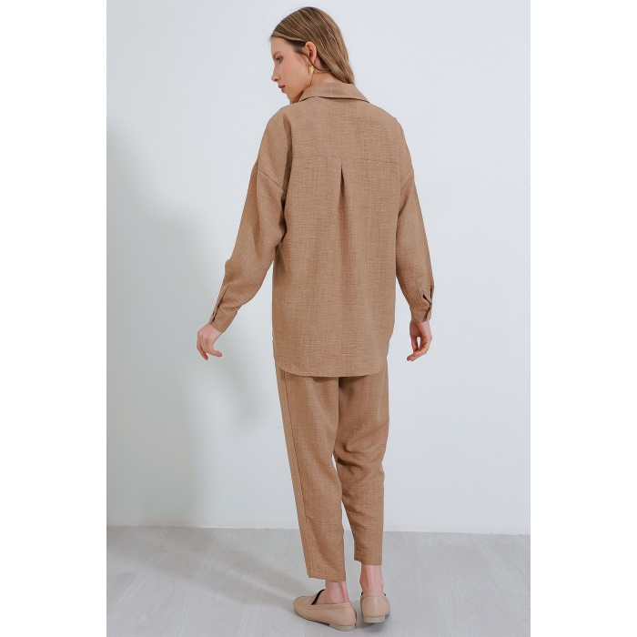 Kadın Camel Oversize Keten Alt Üst Takım 6622