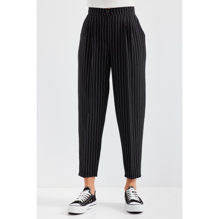 6637 Yüksek Bel Çizgili Kumaş Pantolon - Siyah