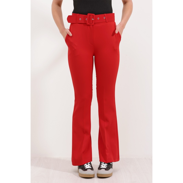 6649 İspanyol Paça Kemerli Pantolon - Kırmızı