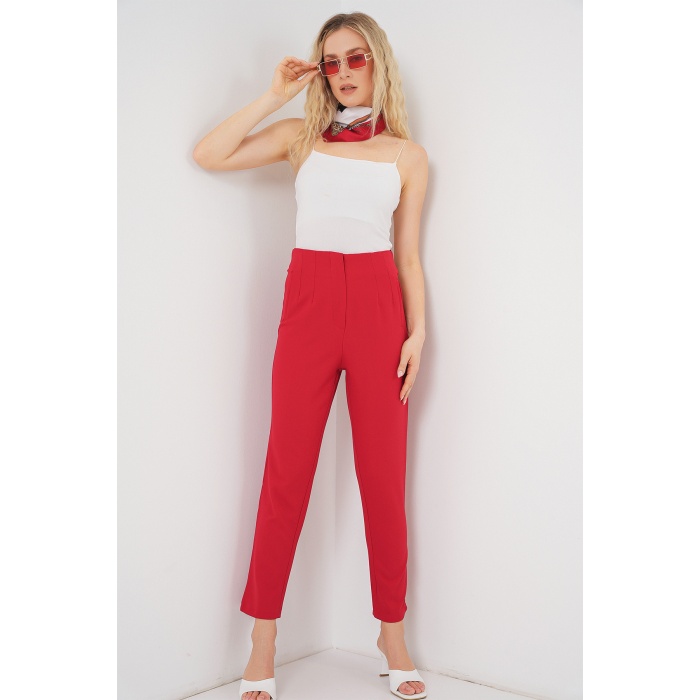 Kadın Kırmızı Yüksek Bel Kumaş Pantolon 6650