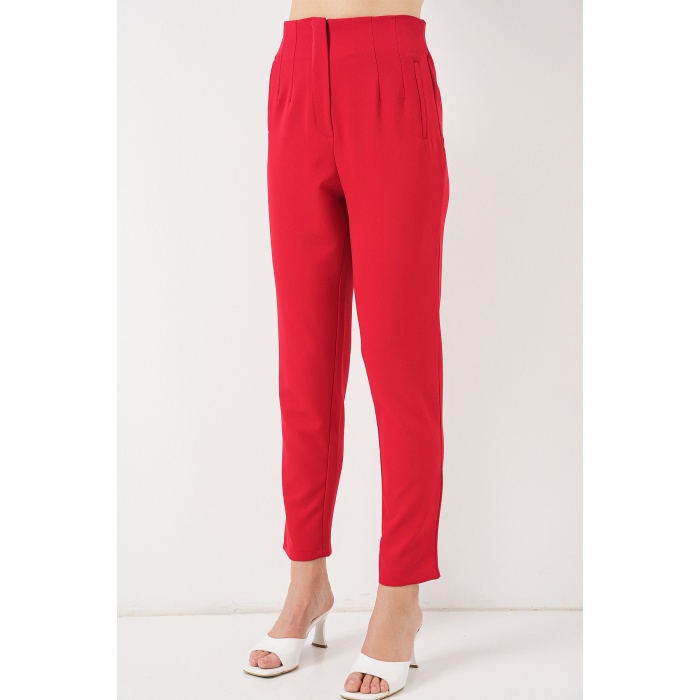 Kadın Kırmızı Yüksek Bel Kumaş Pantolon 6650