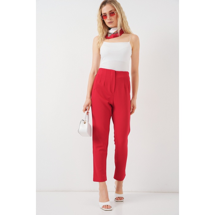 Kadın Kırmızı Yüksek Bel Kumaş Pantolon 6650