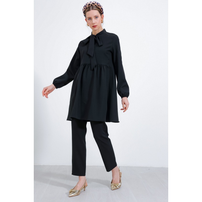 Kadın Siyah Örme Pantolon Tunik Alt Üst Takım 6654