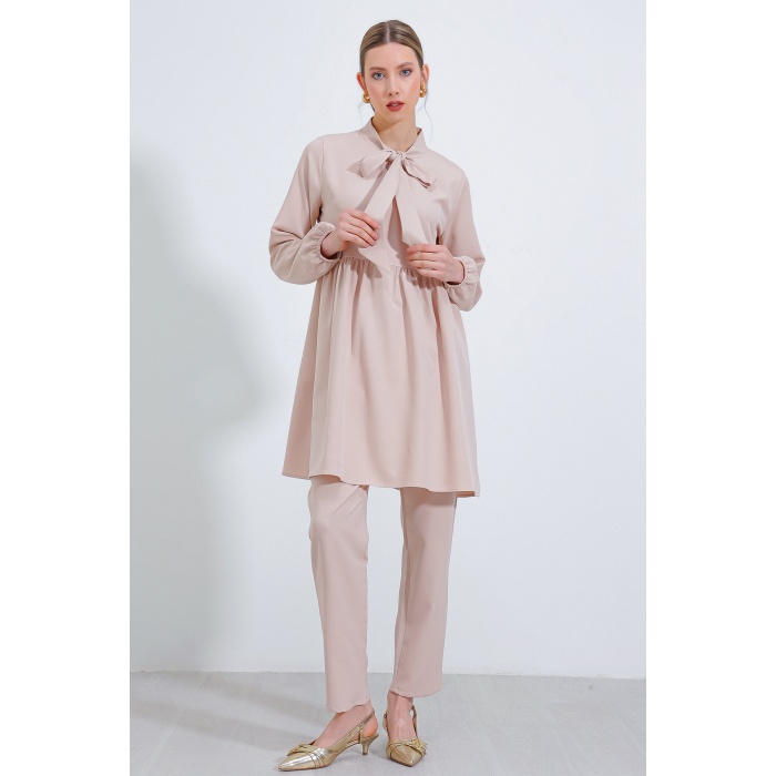 Kadın Krem Örme Pantolon Tunik Alt Üst Takım 6654