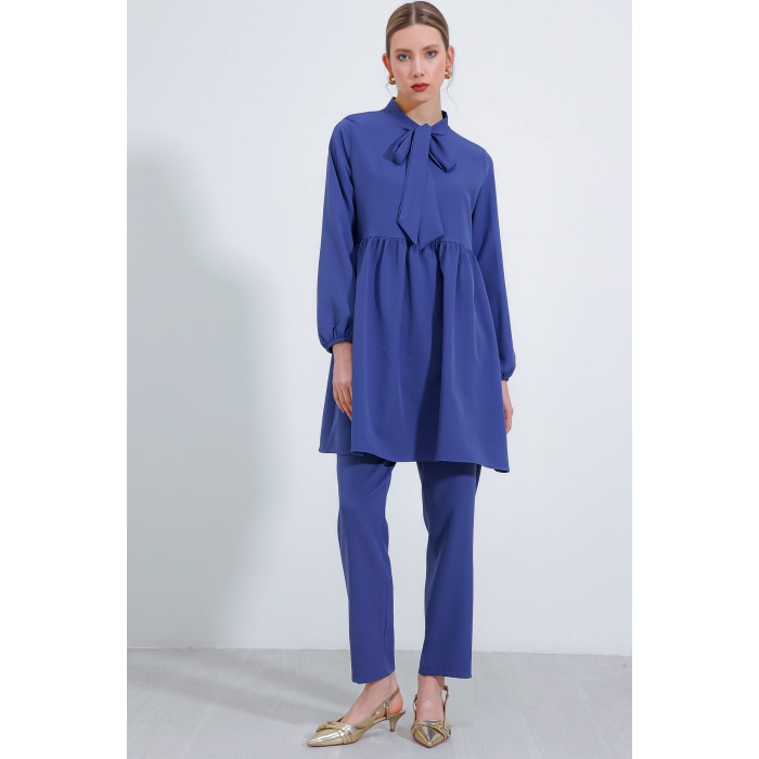 Kadın İndigo Örme Pantolon Tunik Alt Üst Takım 6654