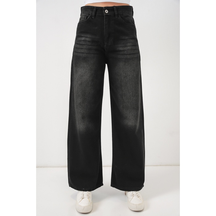 Kadın Bol Paça Yüksek Bel Palazzo Kot Pantolon 6656 - Siyah