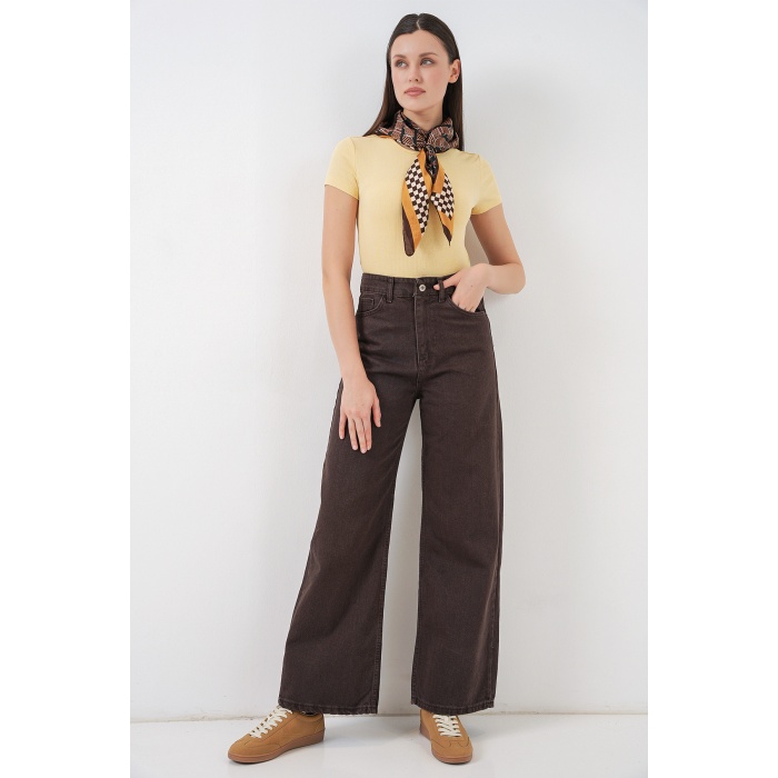 Kadın Bol Paça Yüksek Bel Palazzo Kot Pantolon 6656 - Kahverengi