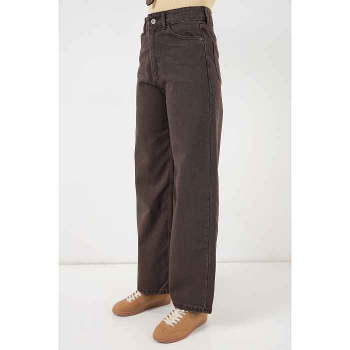 Kadın Bol Paça Yüksek Bel Palazzo Kot Pantolon 6656 - Kahverengi