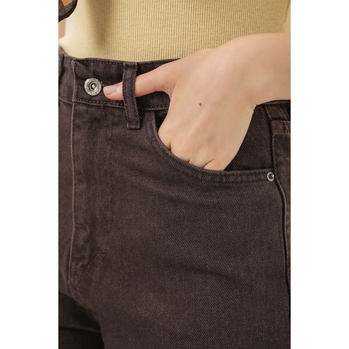 Kadın Bol Paça Yüksek Bel Palazzo Kot Pantolon 6656 - Kahverengi