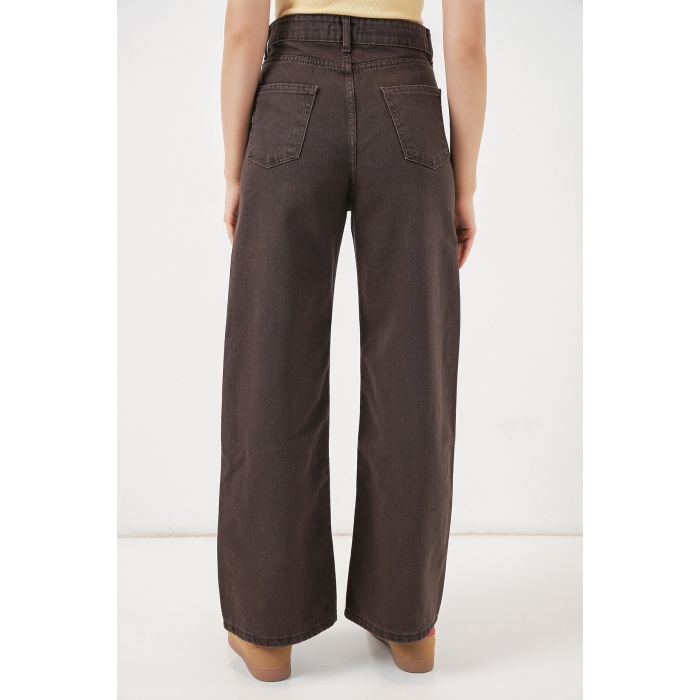 Kadın Bol Paça Yüksek Bel Palazzo Kot Pantolon 6656 - Kahverengi