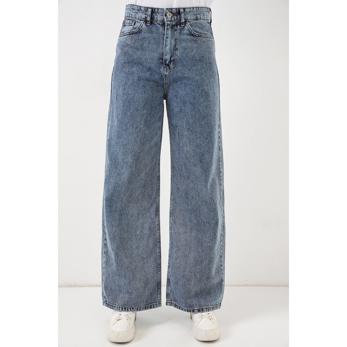 Kadın Bol Paça Yüksek Bel Palazzo Kot Pantolon 6656 - Mavi