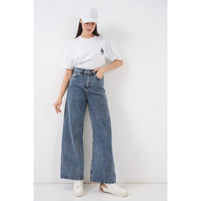 Kadın Bol Paça Yüksek Bel Palazzo Kot Pantolon 6656 - Mavi