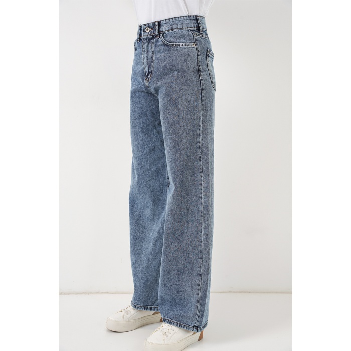 Kadın Bol Paça Yüksek Bel Palazzo Kot Pantolon 6656 - Mavi