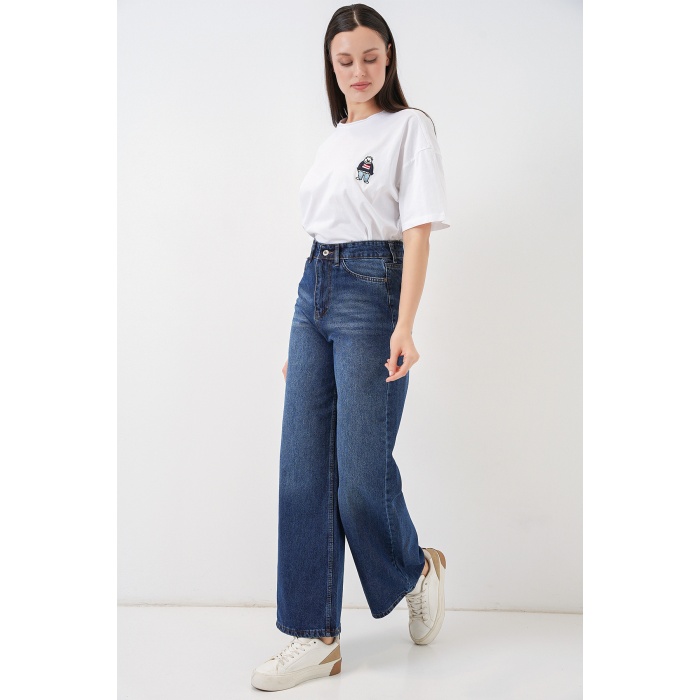 Kadın Bol Paça Yüksek Bel Palazzo Kot Pantolon 6656 - Lacivert