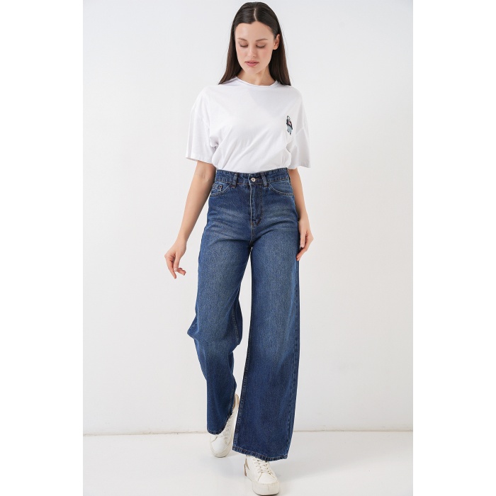 Kadın Bol Paça Yüksek Bel Palazzo Kot Pantolon 6656 - Lacivert