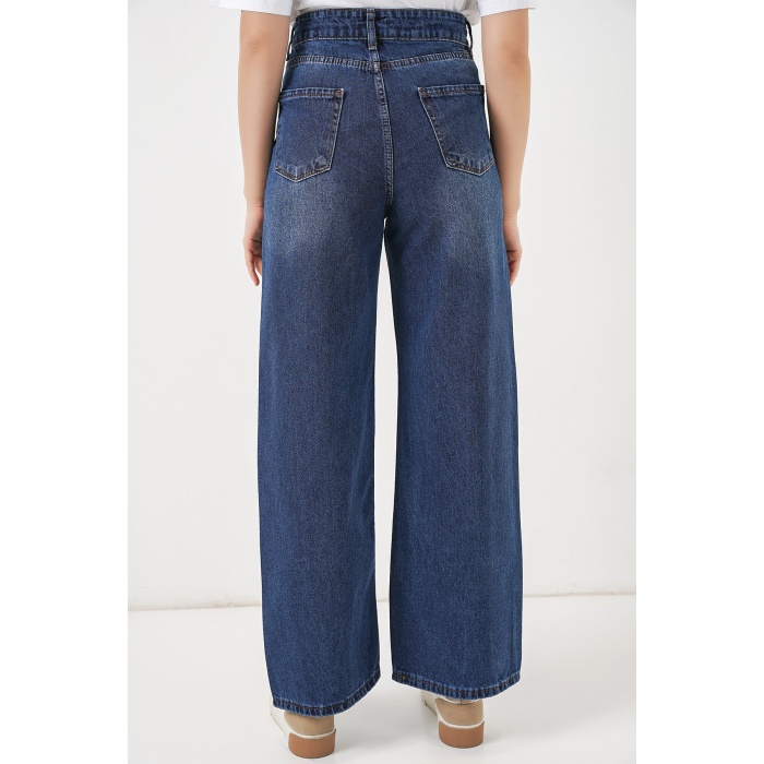 Kadın Bol Paça Yüksek Bel Palazzo Kot Pantolon 6656 - Lacivert