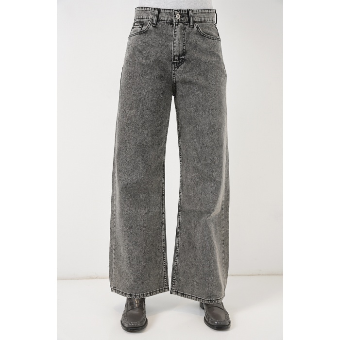 Kadın Bol Paça Yüksek Bel Palazzo Kot Pantolon 6656 - Gri