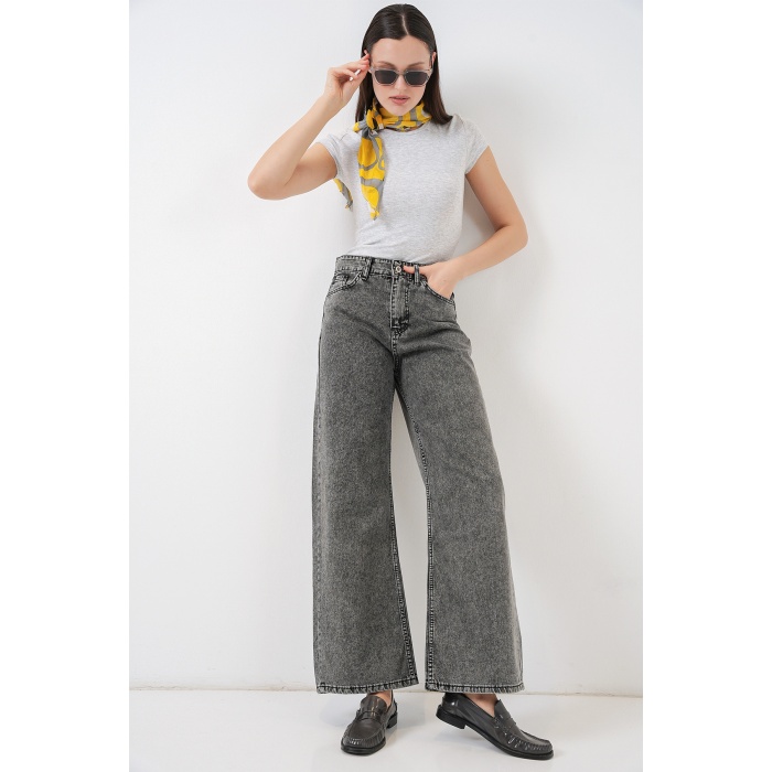 Kadın Bol Paça Yüksek Bel Palazzo Kot Pantolon 6656 - Gri