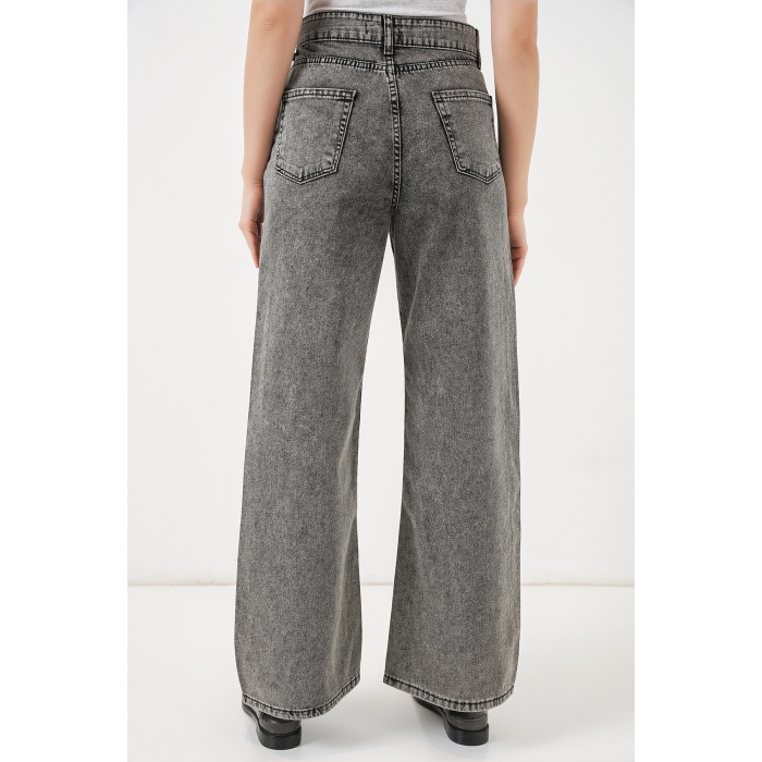 Kadın Bol Paça Yüksek Bel Palazzo Kot Pantolon 6656 - Gri