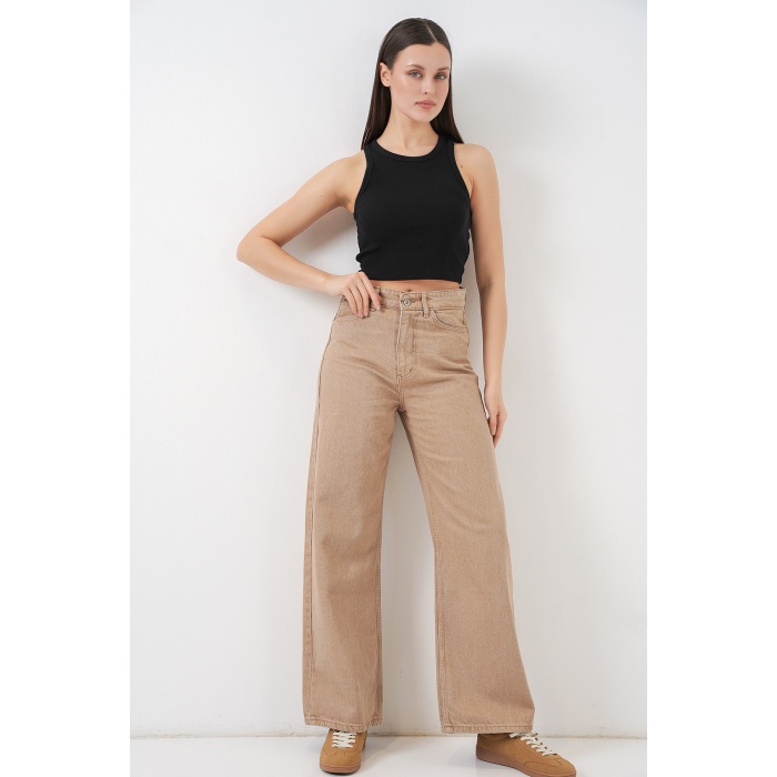 Kadın Bol Paça Yüksek Bel Palazzo Kot Pantolon 6656 - Vizon