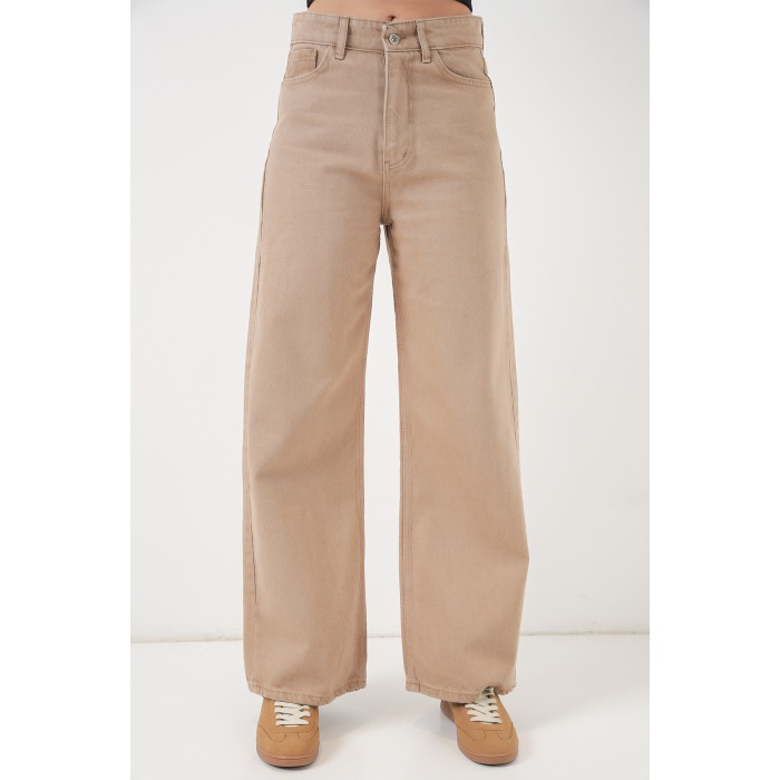 Kadın Bol Paça Yüksek Bel Palazzo Kot Pantolon 6656 - Vizon