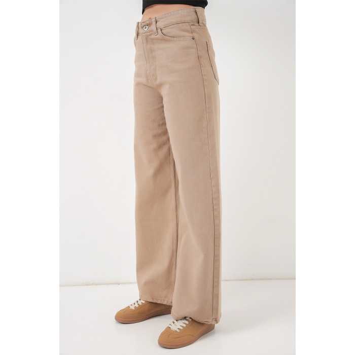 Kadın Bol Paça Yüksek Bel Palazzo Kot Pantolon 6656 - Vizon