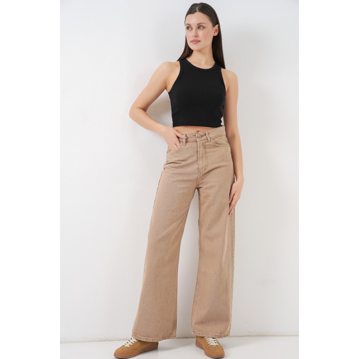 Kadın Bol Paça Yüksek Bel Palazzo Kot Pantolon 6656 - Vizon