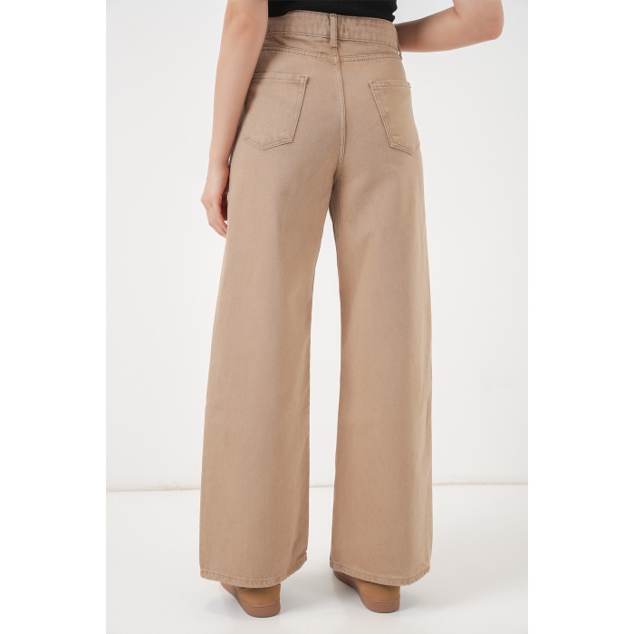 Kadın Bol Paça Yüksek Bel Palazzo Kot Pantolon 6656 - Vizon