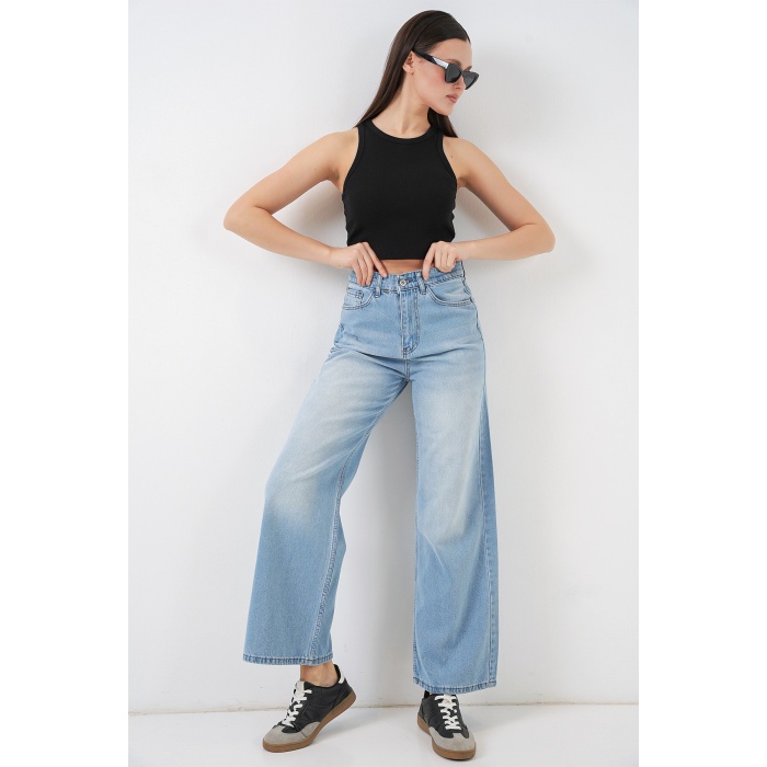 Kadın Bol Paça Yüksek Bel Palazzo Kot Pantolon 6656 - Açık Mavi